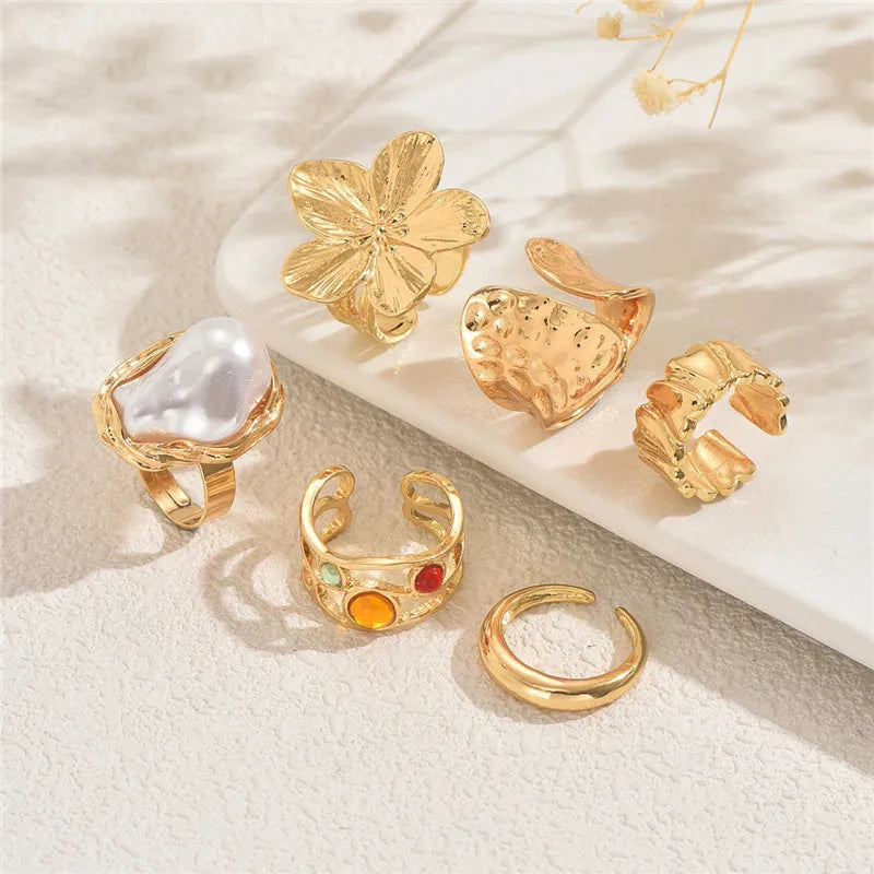 Retro Geometric Metal Ring Set for Women